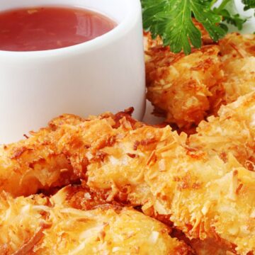 Golden baked coconut shrimp with a crispy toasted coconut coating, served on a white plate beside a small white ramekin of red Thai chili dipping sauce. Fresh parsley garnish adds a pop of green. Close-up food photography highlighting crunchy texture and golden color.
