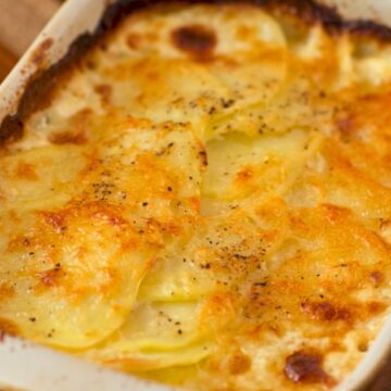Cozy Alfredo Potato Lasagna in a baking dish.