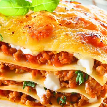 Closeup of Cozy High Protein Beef Lasagna.