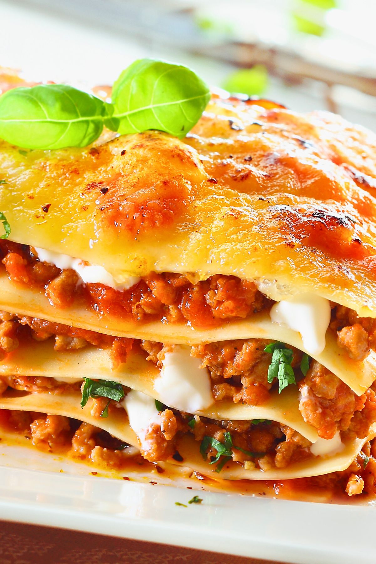 Closeup of Cozy High Protein Beef Lasagna.