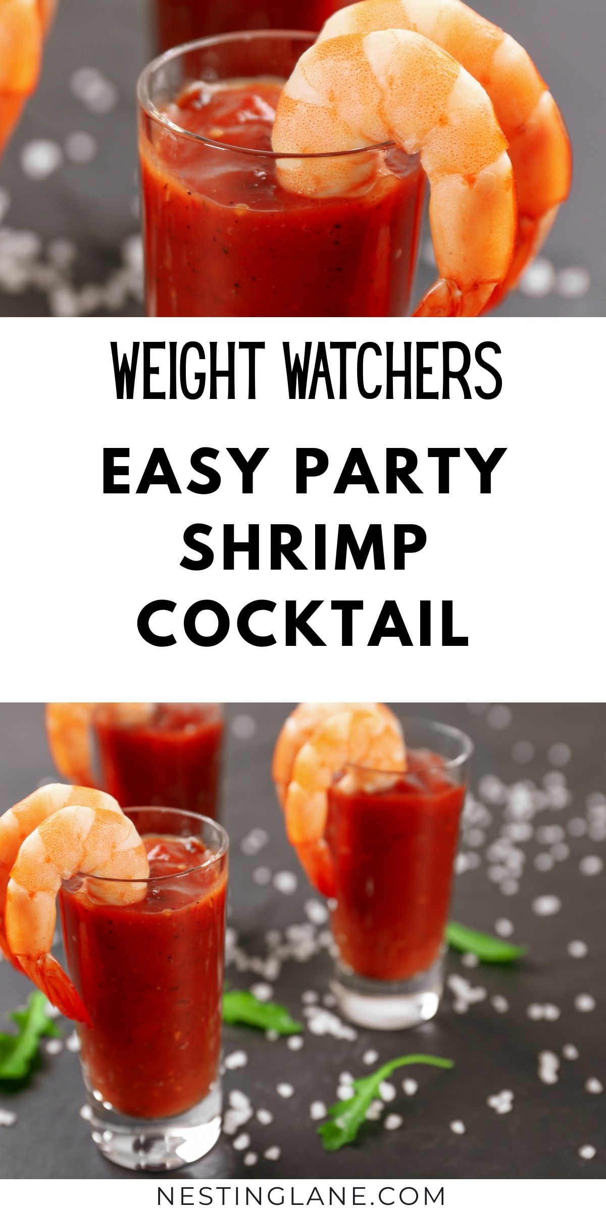 Shrimp cocktail appetizer served in small clear glasses filled with red cocktail sauce, each garnished with a large cooked shrimp on the rim. Black background with scattered coarse salt and green herb leaves. Text reads: “WEIGHT WATCHERS EASY PARTY SHRIMP COCKTAIL” and “NESTINGLANE.COM”.