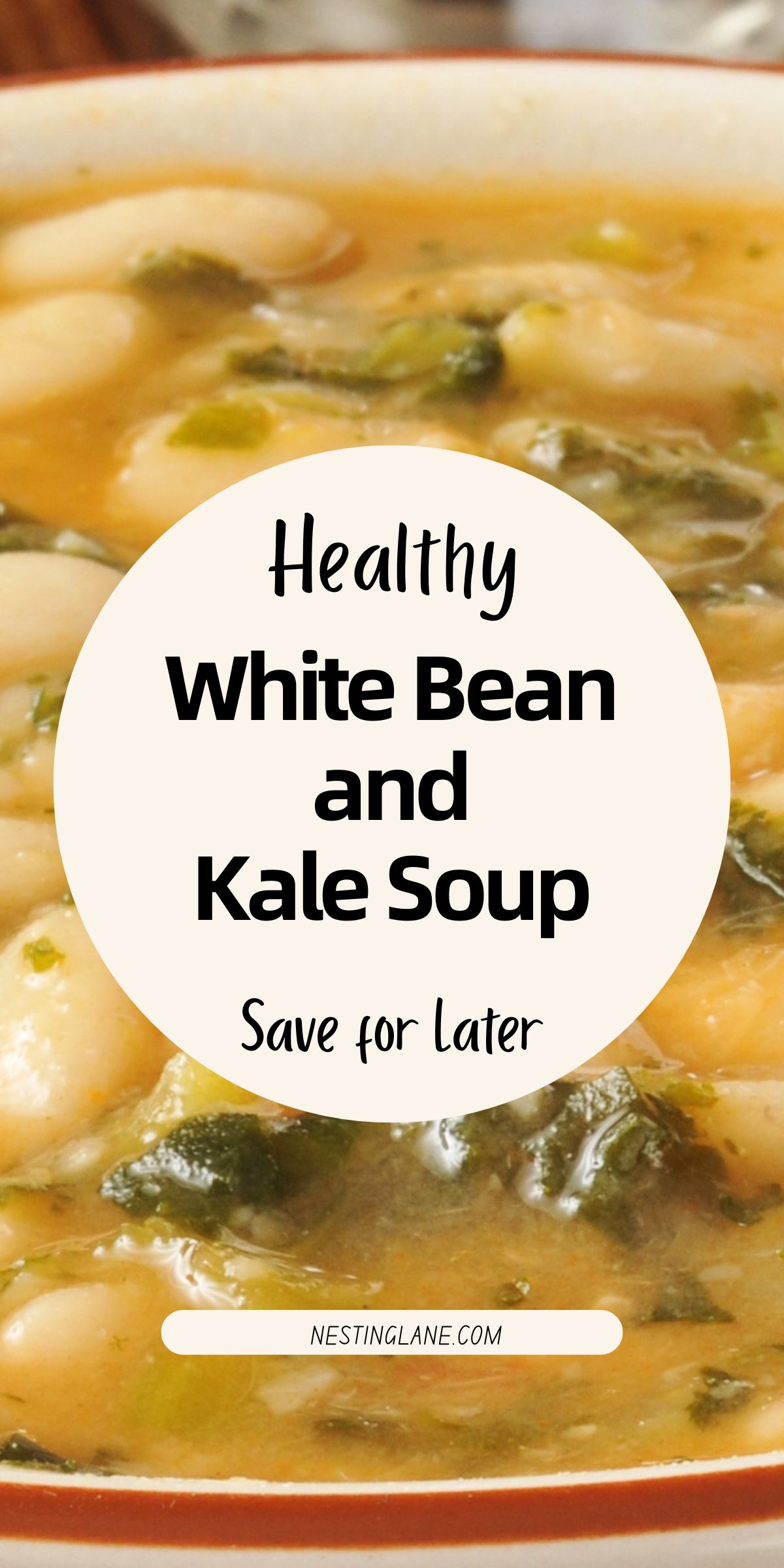Close-up of white bean and kale soup with tender white beans, chopped kale, and a golden vegetable broth in a ceramic bowl. Text overlay reads “Healthy White Bean and Kale Soup” with “Save for Later” underneath, and “nestinglane.com” at the bottom.
