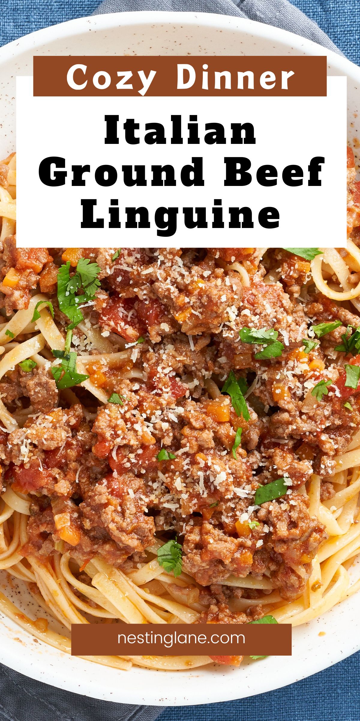 Hearty Italian Ground Beef Linguine graphic.