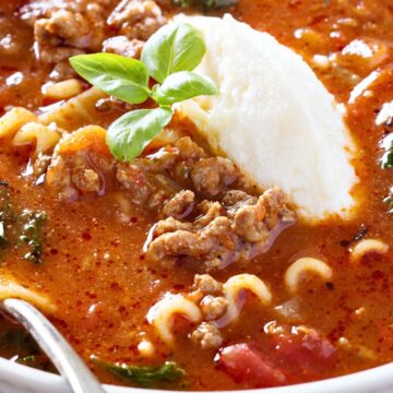 Quick One-Pot Lasagna Soup (with Ground Beef) in a white bowl.