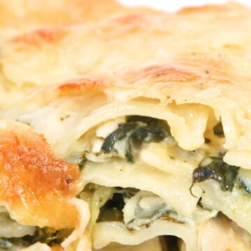 Close-up of white sauce chicken spinach lasagna with layers of tender lasagna noodles, creamy white sauce, shredded chicken, and wilted spinach. The top is covered in melted golden cheese with lightly browned edges, showing a rich, cheesy texture and creamy filling inside.