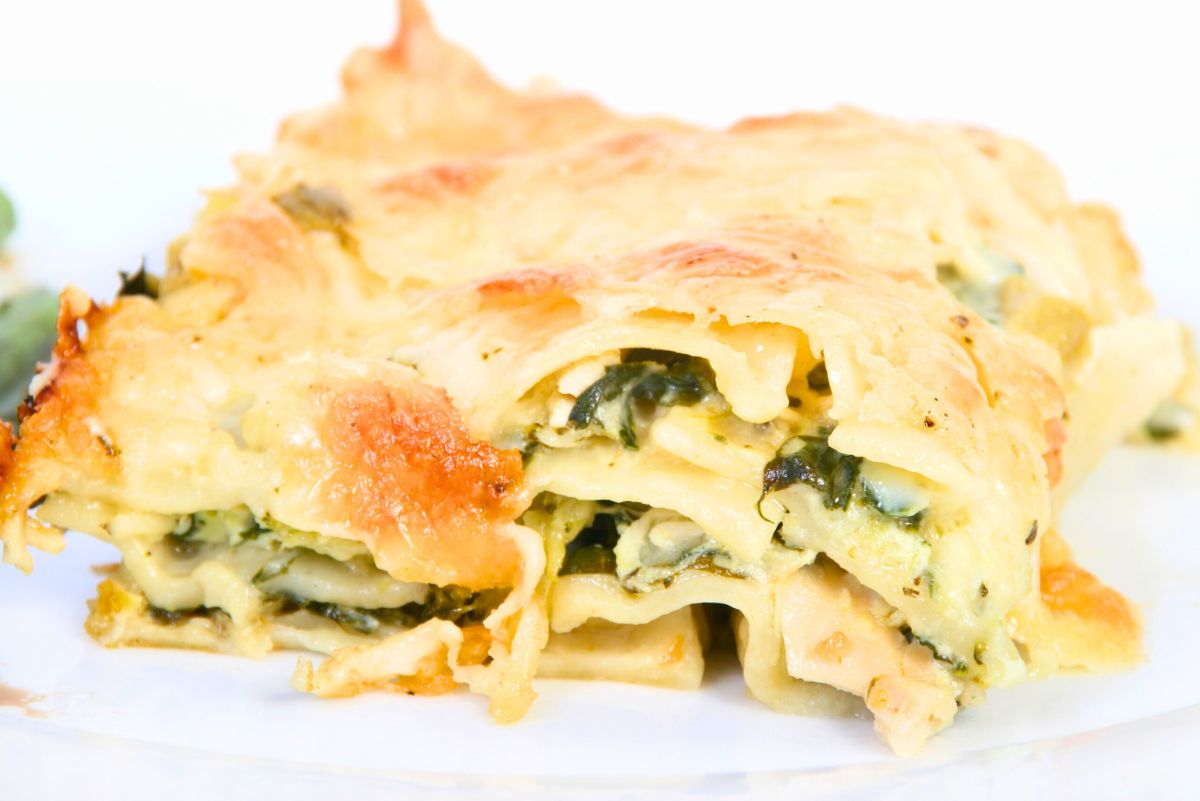 Slice of white sauce chicken spinach lasagna on a white plate with visible layers of lasagna noodles, creamy white sauce, shredded chicken, and cooked spinach. The top is covered with melted mozzarella and parmesan cheese, lightly browned and bubbly, showing a rich, cheesy texture.