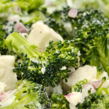Close-up of creamy broccoli feta salad in a white bowl with fresh broccoli florets, crumbled feta, diced red onion, and creamy dressing. Healthy broccoli salad with bright green vegetables and chunky cheese pieces.