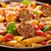 Rigatoni pasta with sliced Italian sausage, cherry tomatoes, fresh basil, and grated Parmesan in a rich tomato sauce, served in a dark bowl. Warm, cozy weeknight dinner pasta with a close-up food photography style.