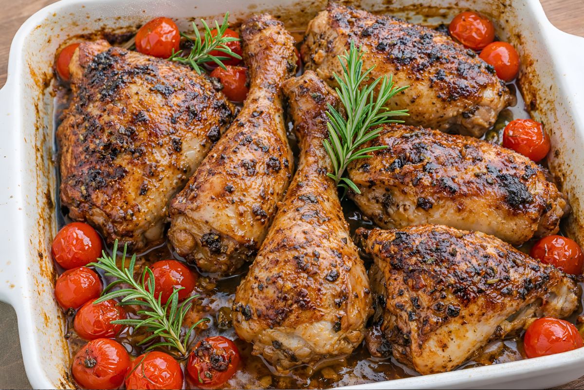 Garlic soy baked chicken thighs and drumsticks roasted in a white baking dish with blistered cherry tomatoes and fresh rosemary. The chicken is golden brown with a glossy soy garlic glaze, speckled with herbs and minced garlic, sitting in dark savory pan juices.