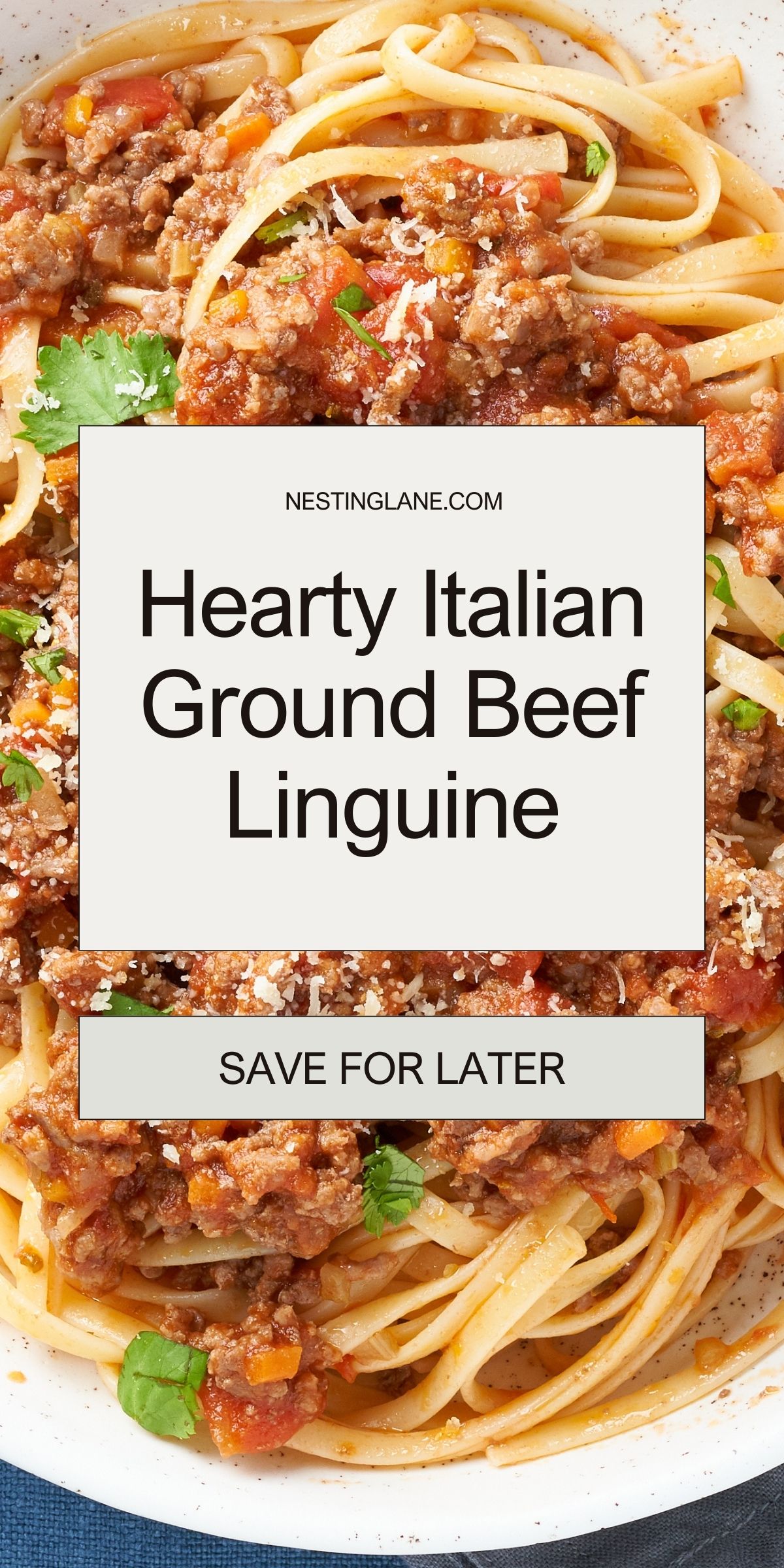 Hearty Italian Ground Beef Linguine graphic.