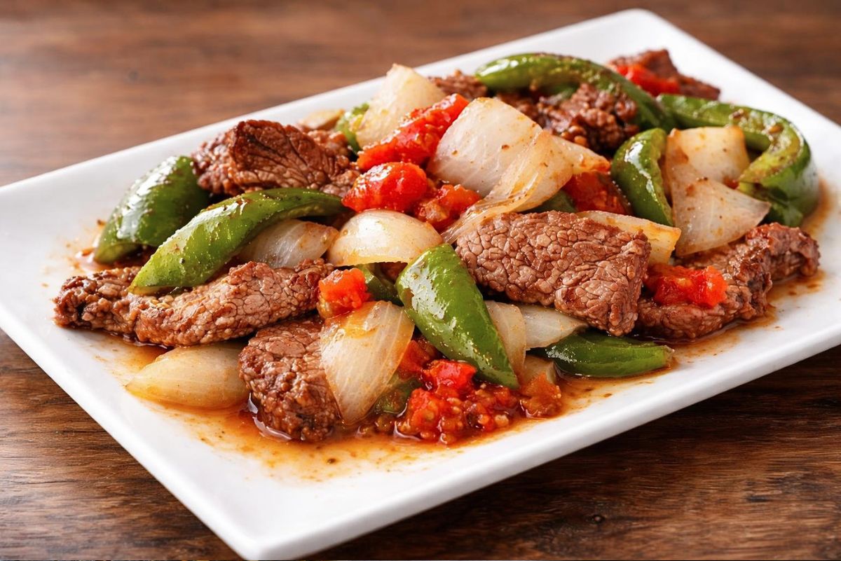 White rectangular plate of crockpot pepper steak with beef strips, green bell peppers, onion chunks, and stewed tomatoes in a light glossy sauce on a rustic wood table. Healthy high protein dinner recipe photo.