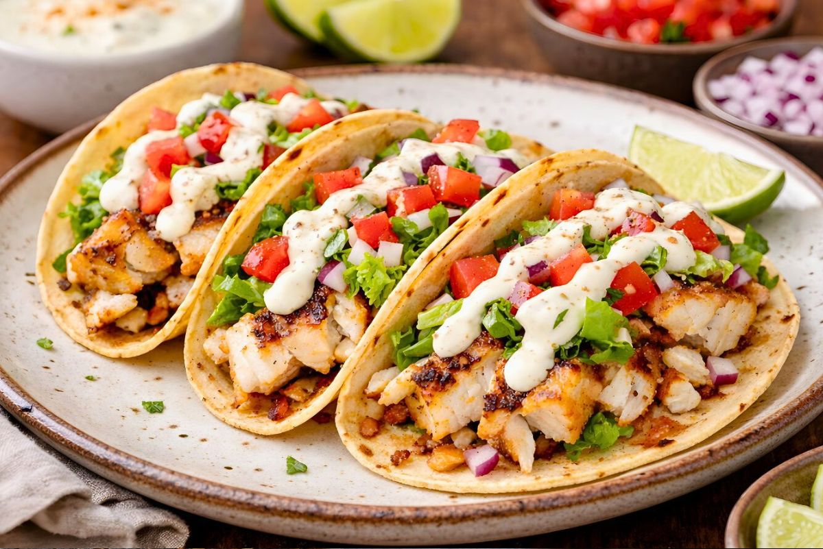 Three grilled fish tacos on corn tortillas, filled with flaky white fish, chopped lettuce, diced tomato, red onion, and drizzled with creamy lime sauce, served on a rustic plate. Small bowls of extra sauce, tomatoes, onions, and lime wedges sit around the plate on a wooden table.