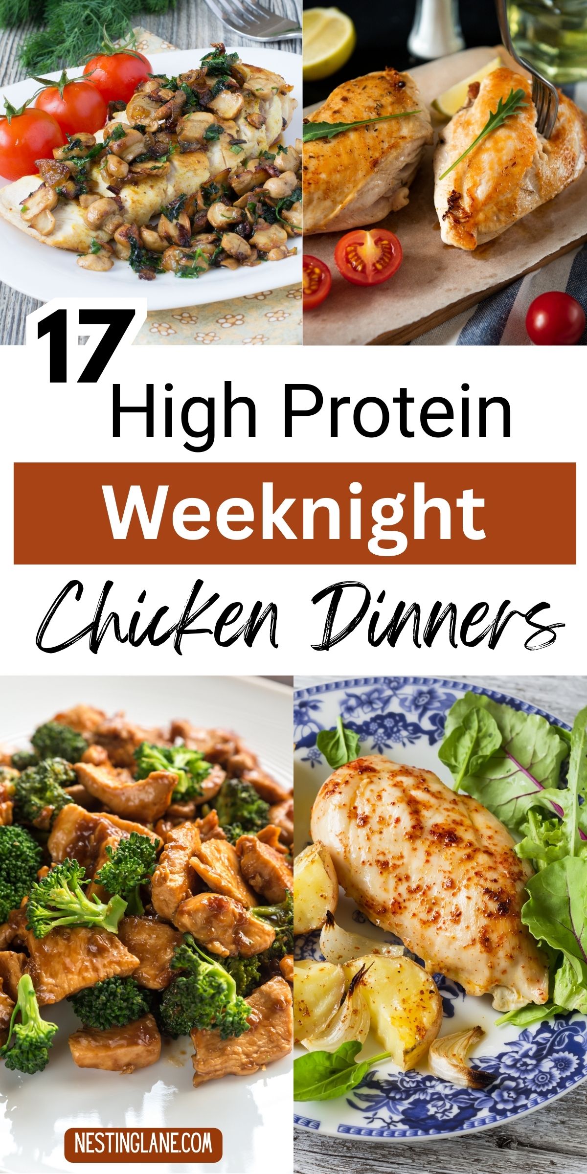 High Protein Weeknight Chicken Dinner Recipes graphic.