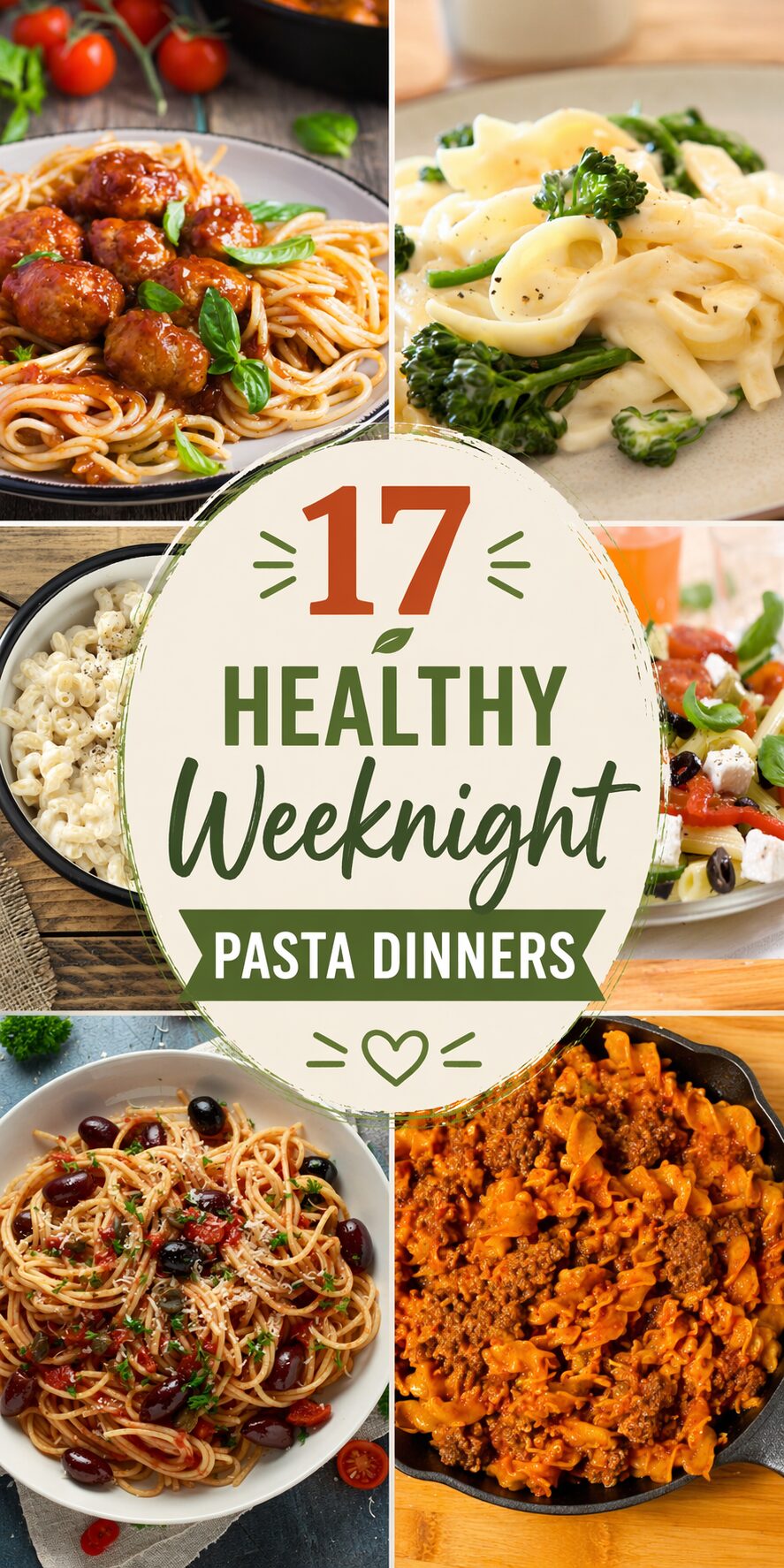 Healthy weeknight pasta dinners collage with six easy pasta meals around a cream oval label. Dishes include spaghetti and meatballs, creamy broccoli pasta, macaroni, Greek pasta salad, olive tomato spaghetti, and beef pasta skillet. Text reads: “17 Healthy Weeknight Pasta Dinners.”