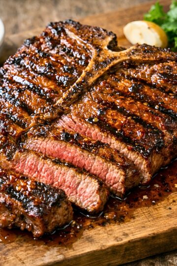 Close-up of grilled T-bone steak with a glossy sweet chili glaze on a wooden cutting board. Several slices show a juicy pink center, with charred edges and sauce pooling around the meat. A lemon wedge and leafy greens sit blurred in the background.