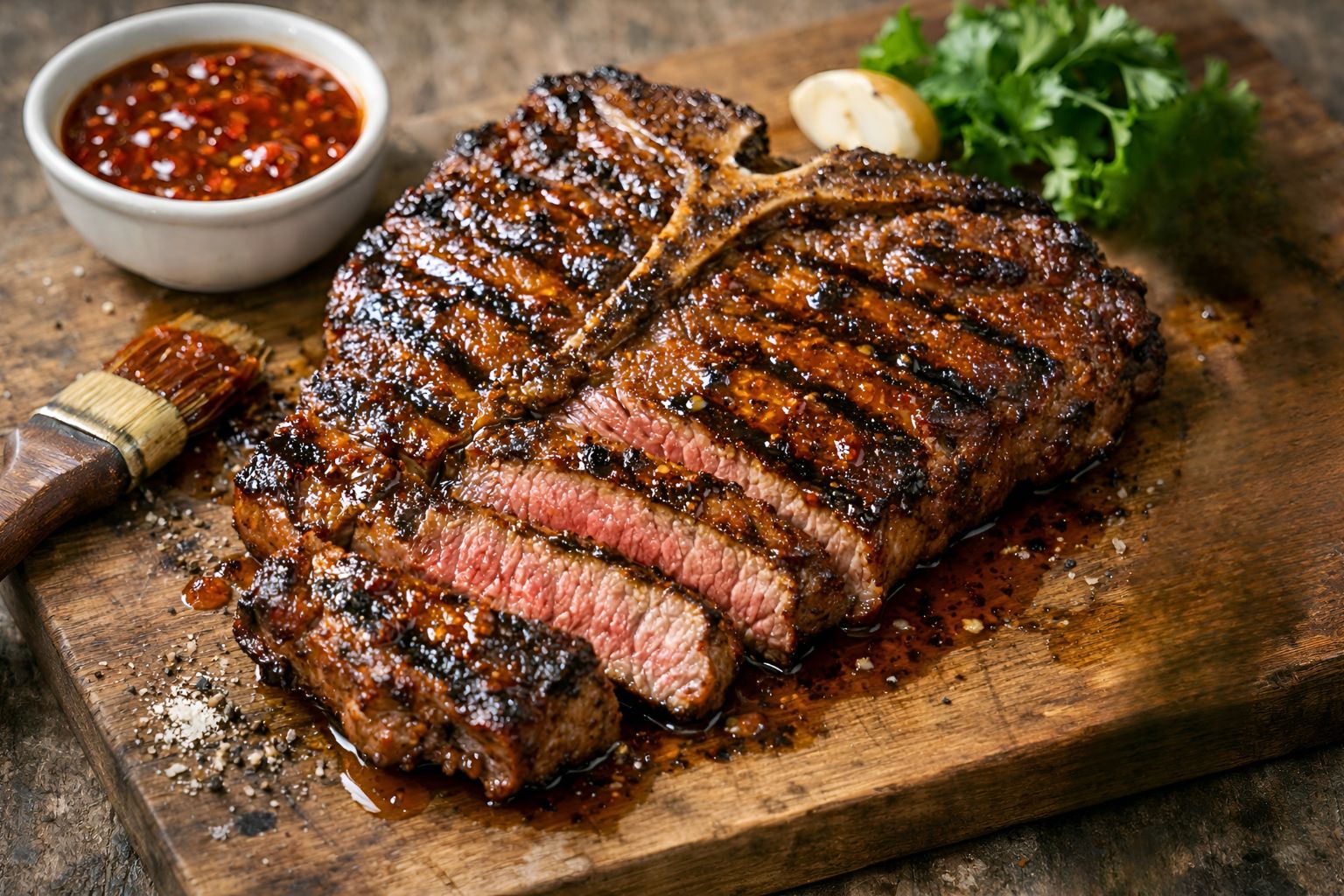 Grilled T-bone steak with sweet chili glaze on a wooden cutting board, sliced to show a juicy pink center and charred grill marks. A small bowl of sauce, basting brush, chef’s knife, garlic, lemon wedge, fresh herbs, and scattered salt and pepper surround the steak.