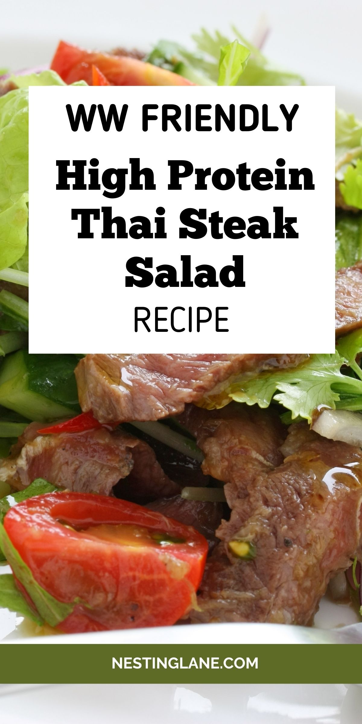 Healthy high protein Thai steak salad pin with a close-up of sliced steak, lettuce, cucumber, herbs, and red pepper on a white plate. Center text reads “HEALTHY High Protein Thai Steak Salad” and “SAVE FOR LATER,” with “NESTINGLANE.COM” in a green bar at the bottom.