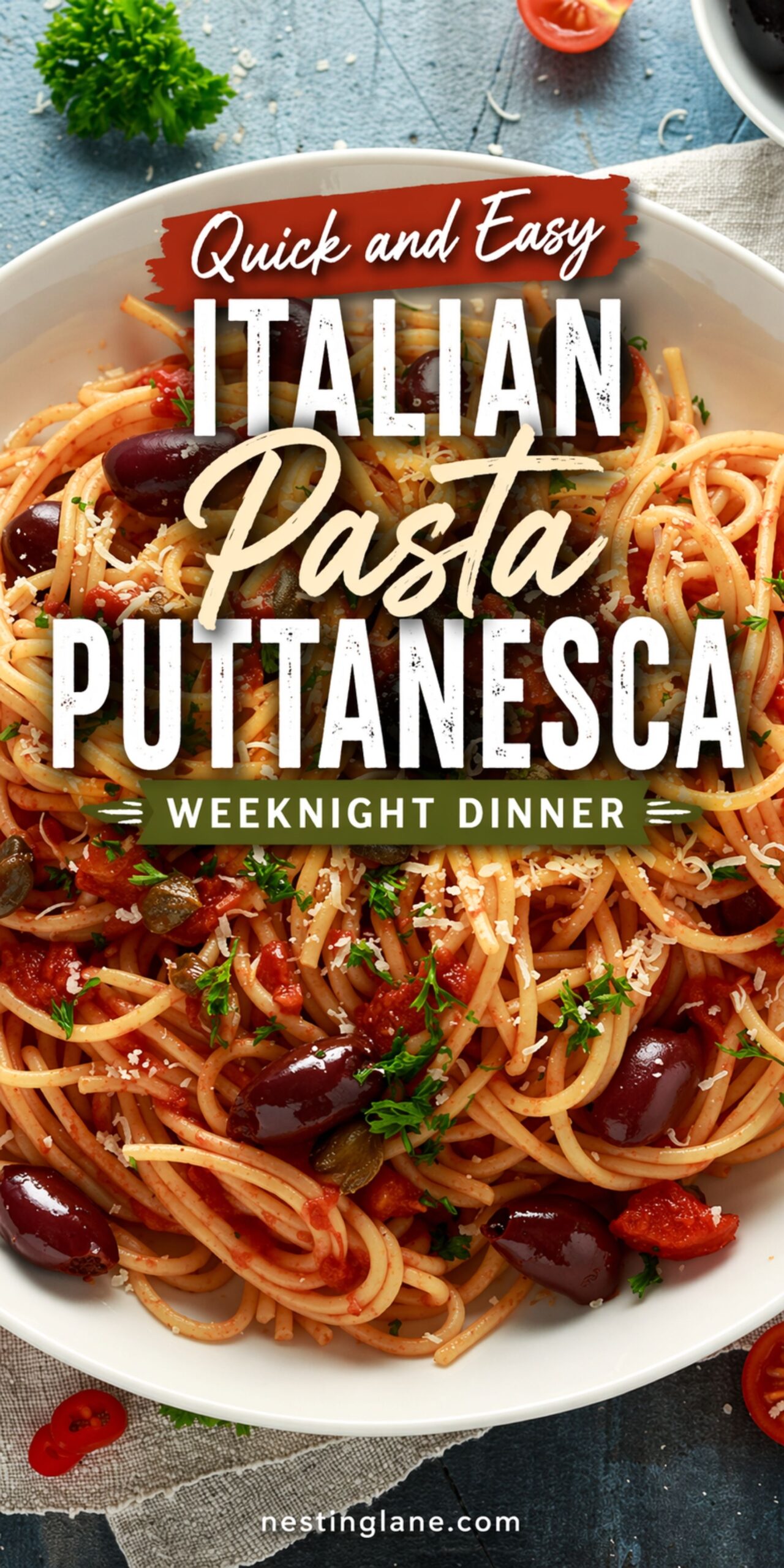 Italian pasta puttanesca with spaghetti, tomato sauce, olives, capers, Parmesan, and parsley in a white bowl. Text reads: “Quick and Easy Italian Pasta Puttanesca” and “Weeknight Dinner.” Small text at bottom says “nestinglane.com.”