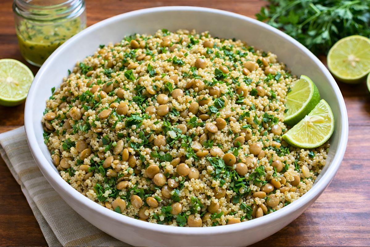 White bowl of quinoa lentil salad with chopped parsley and lime wedges on a wood table. A small jar of lime dressing sits in the background, with extra lime halves and fresh herbs nearby. Healthy quinoa salad with lentils and lime dressing, served as a fresh grain salad side dish.