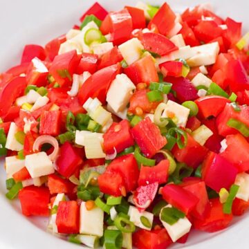 Tomato and red pepper salad in a white bowl, made with chopped tomatoes, red bell pepper, mozzarella cubes, and sliced green onion. Bright fresh salad close-up on a light wood surface, with juicy red pieces and green onion scattered throughout.