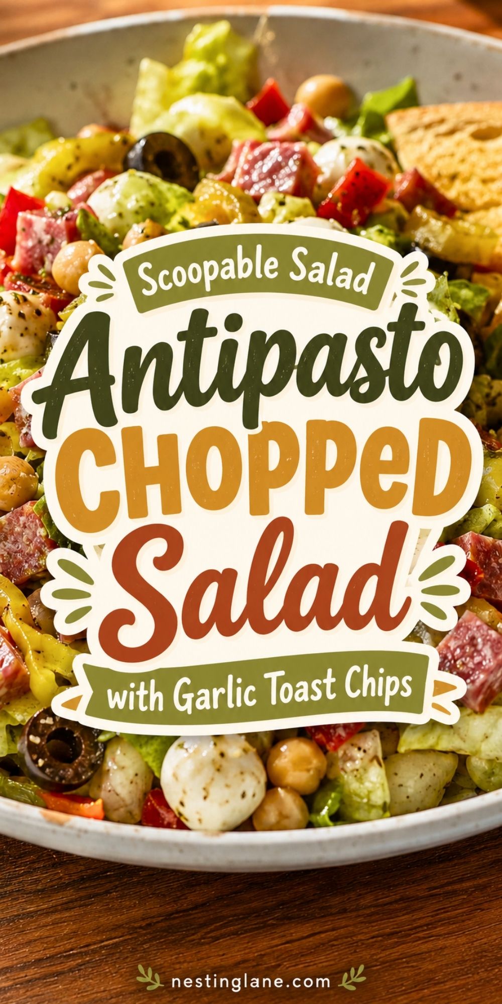 Antipasto chopped salad with romaine, salami, mozzarella pearls, chickpeas, black olives, banana peppers, red peppers, and garlic toast chips. Text reads “Scoopable Salad Antipasto Chopped Salad with Garlic Toast Chips” and “nestinglane.com.”