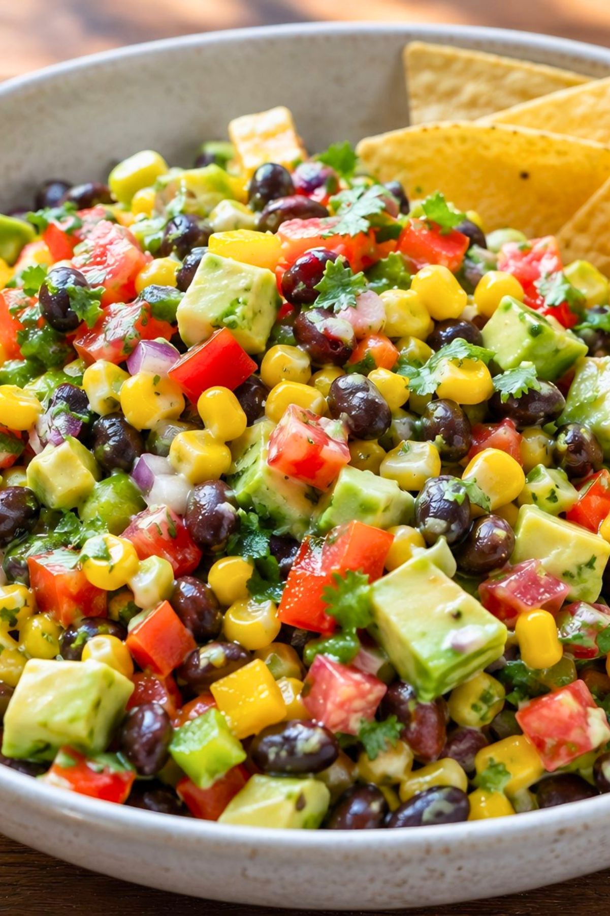 Avocado corn black bean salad with tortilla chips, diced avocado, corn, tomatoes, black beans, red onion, bell pepper, and cilantro in a speckled bowl.