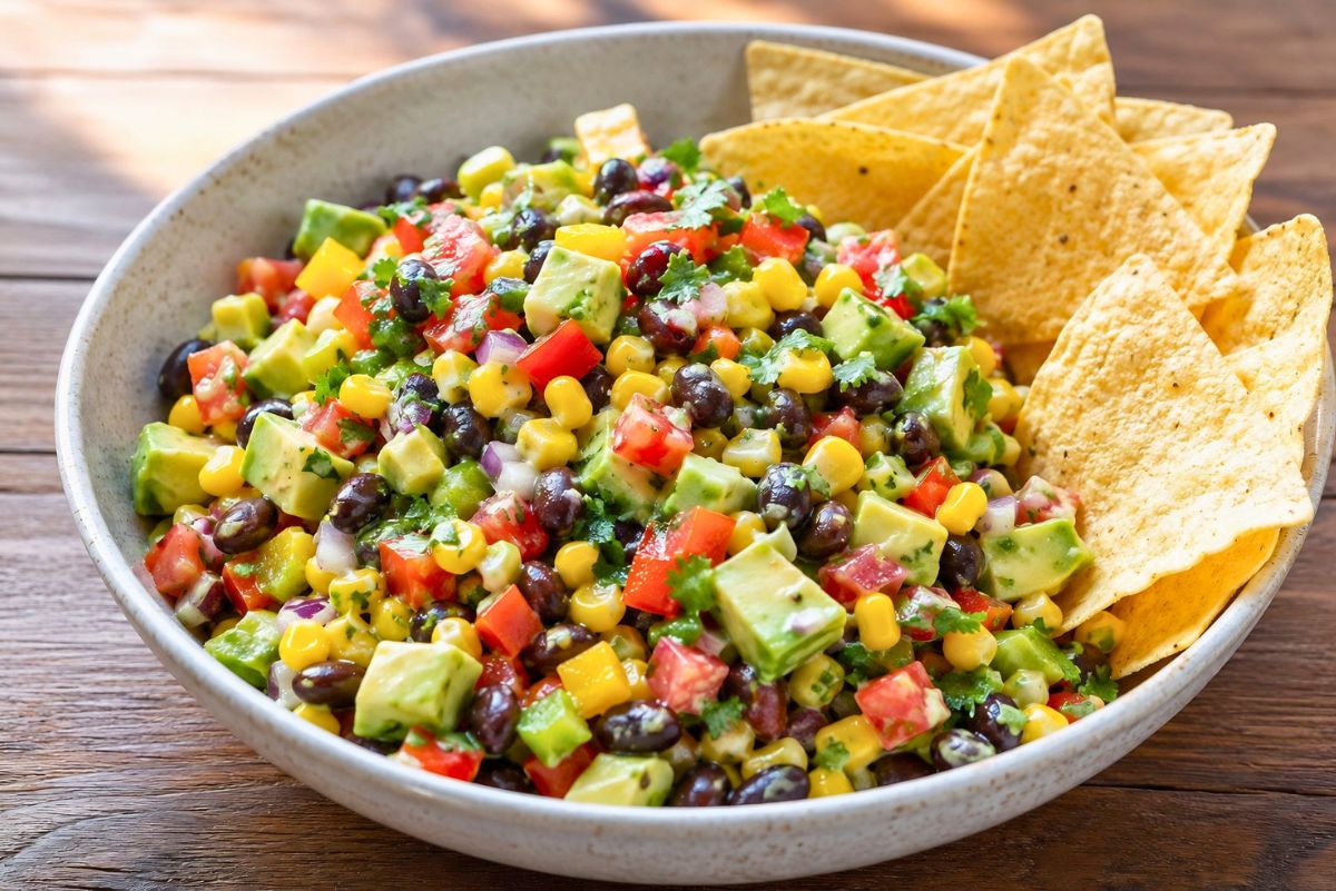 Avocado corn black bean salad with tortilla chips, diced avocado, corn, tomatoes, black beans, bell pepper, red onion, and cilantro in a large speckled bowl on a wooden table.