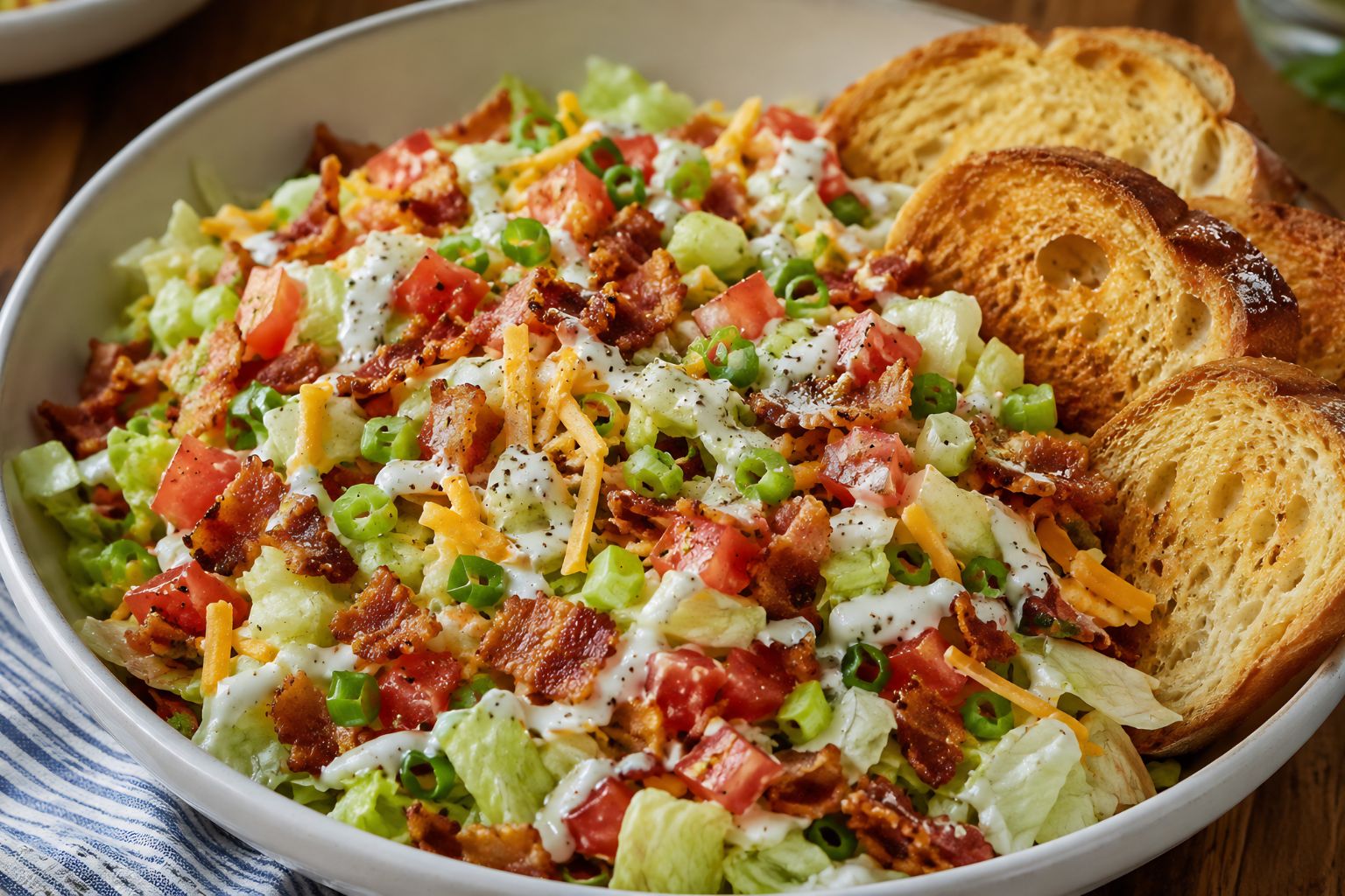 BLT chopped salad with iceberg lettuce, tomatoes, crispy bacon, green onions, shredded cheddar cheese, creamy ranch dressing, and toasted sourdough chips served in a large white bowl.