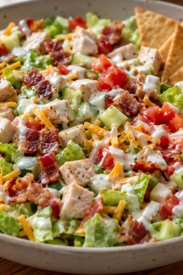 Chicken bacon ranch chopped salad with diced chicken, crisp bacon, lettuce, cucumbers, tomatoes, shredded cheddar cheese, creamy ranch dressing, and pita chips served in a bowl.