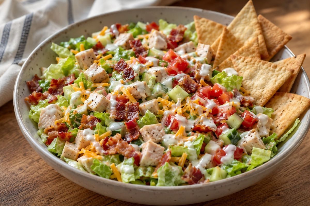 Chicken bacon ranch chopped salad with diced chicken, crisp bacon, lettuce, cucumbers, tomatoes, shredded cheddar cheese, creamy ranch dressing, and toasted pita chips in a shallow bowl.