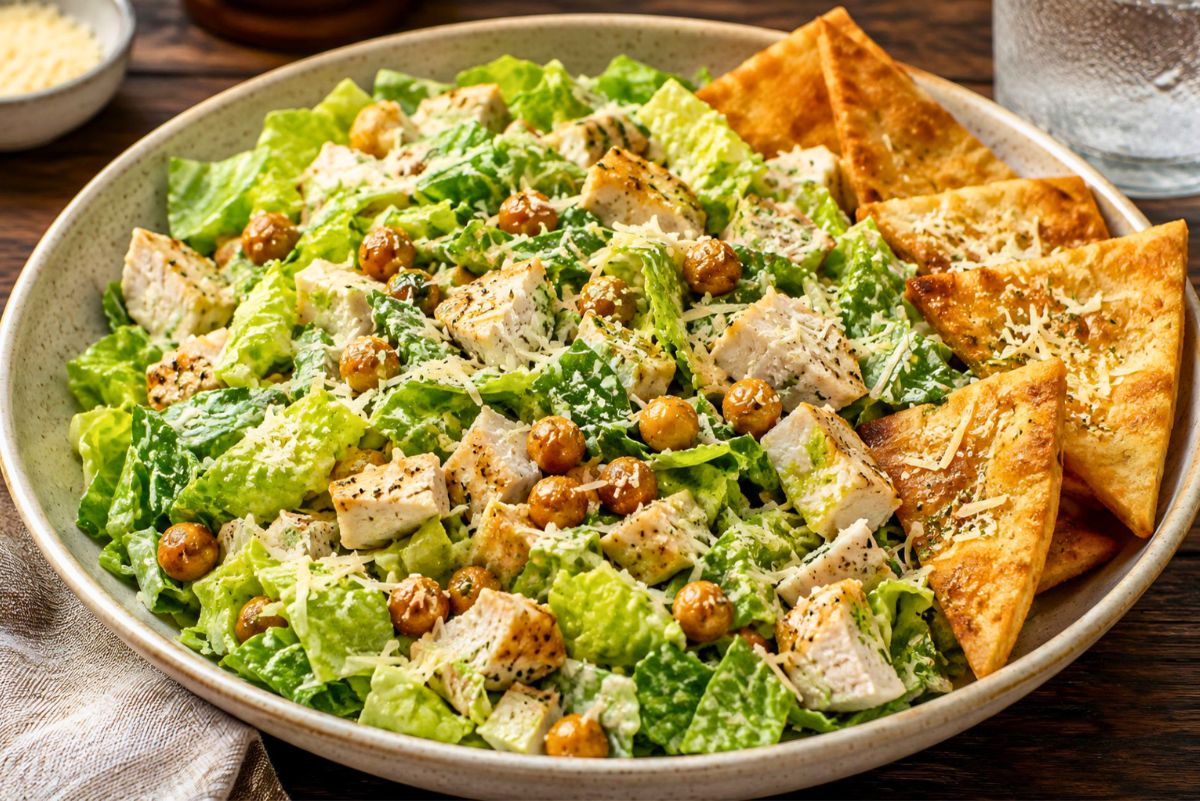 High protein chicken Caesar chopped salad with romaine lettuce, grilled chicken, roasted chickpeas, Parmesan cheese, creamy Caesar dressing, and garlic pita chips served in a large bowl.