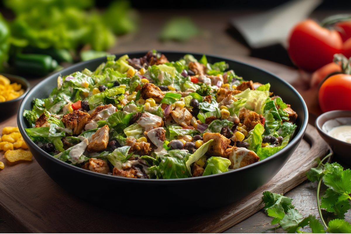 Chicken fajita chopped salad with seasoned chicken, chopped romaine, black beans, corn, tomatoes, red onion, and creamy dressing served in a black bowl on a rustic wood table.