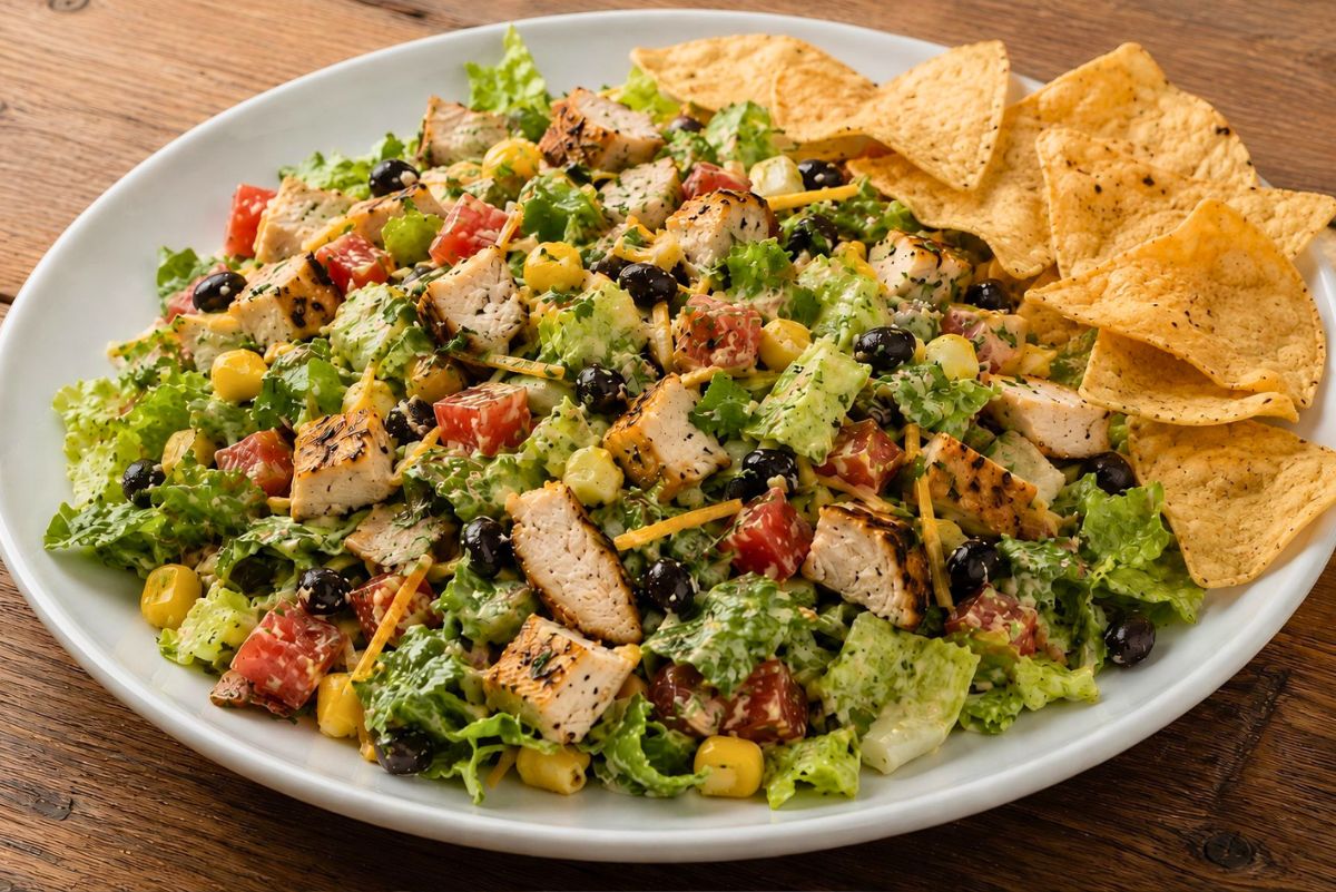 Chicken fajita chopped salad with grilled chicken, romaine lettuce, black beans, corn, tomatoes, cheddar cheese, creamy dressing, and tortilla chips on a white platter.