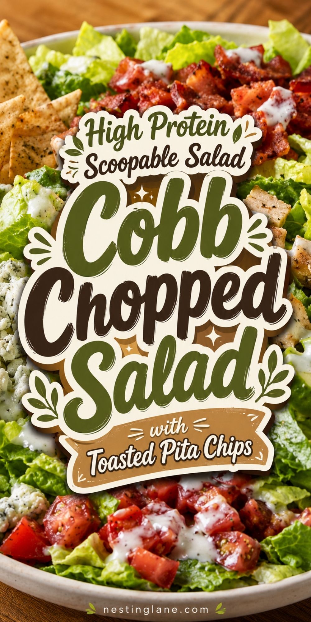 Pinterest pin for Cobb chopped salad with grilled chicken, bacon, tomatoes, romaine, blue cheese, creamy dressing, and toasted pita chips. Text reads “High Protein Scoopable Salad Cobb Chopped Salad with Toasted Pita Chips” and “nestinglane.com.”