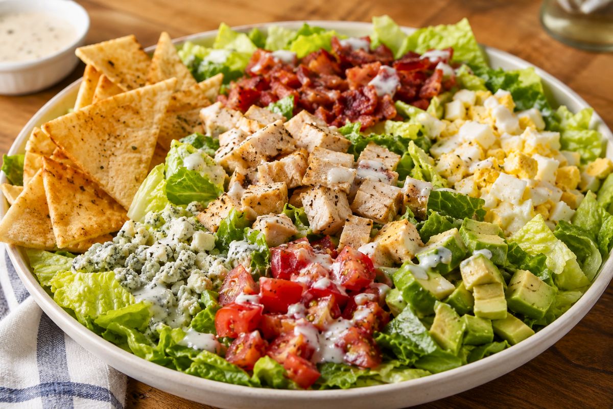 Cobb chopped salad with grilled chicken, crispy bacon, hard-boiled eggs, avocado, tomatoes, blue cheese crumbles, romaine lettuce, creamy dressing, and toasted pita chips in a white bowl.