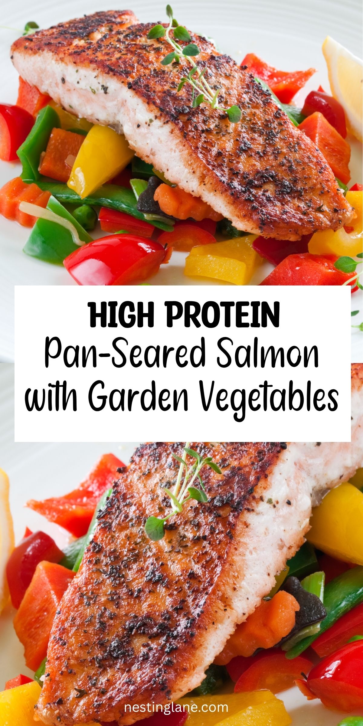 High protein pan-seared salmon with garden vegetables, served with red and yellow peppers, carrots, snap peas, fresh herbs, and lemon. Text reads “HIGH PROTEIN Pan-Seared Salmon with Garden Vegetables” and “nestinglane.com.”