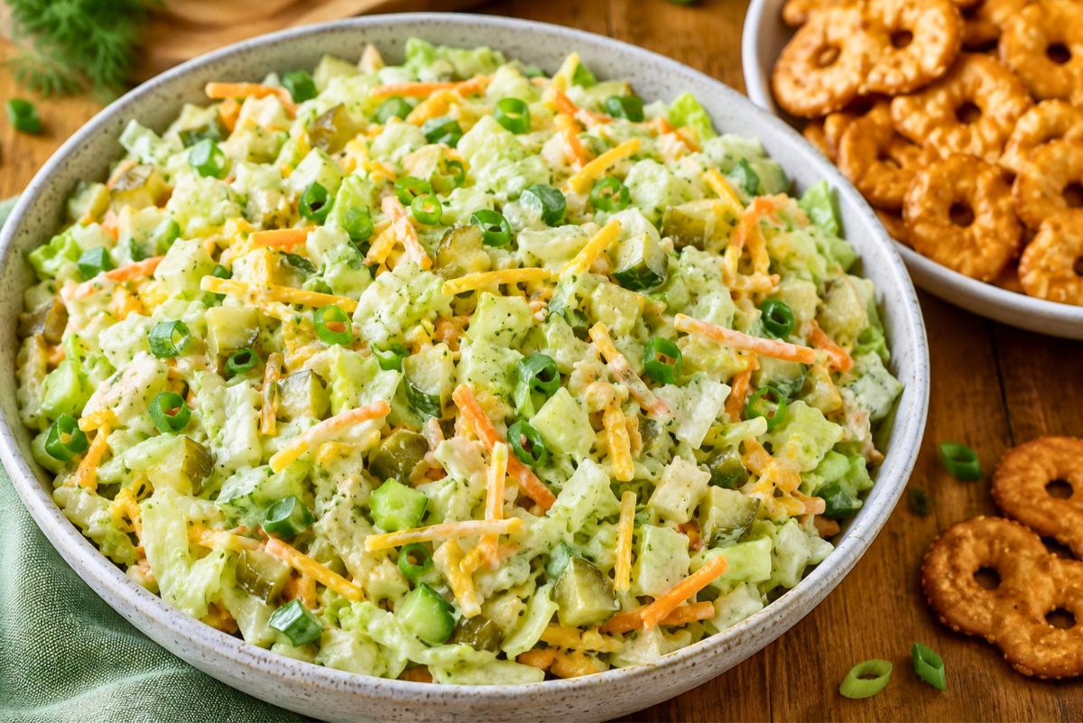Dill pickle chopped salad with ranch, lettuce, pickles, cucumber, carrots, cheddar cheese, and green onions in a large bowl, served with pretzel crisps on a wooden table.