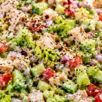 Everything bagel chopped salad with diced chicken, romaine lettuce, cucumbers, tomatoes, red onion, creamy dressing, and everything bagel seasoning in a white bowl, with bagel chips in the background.