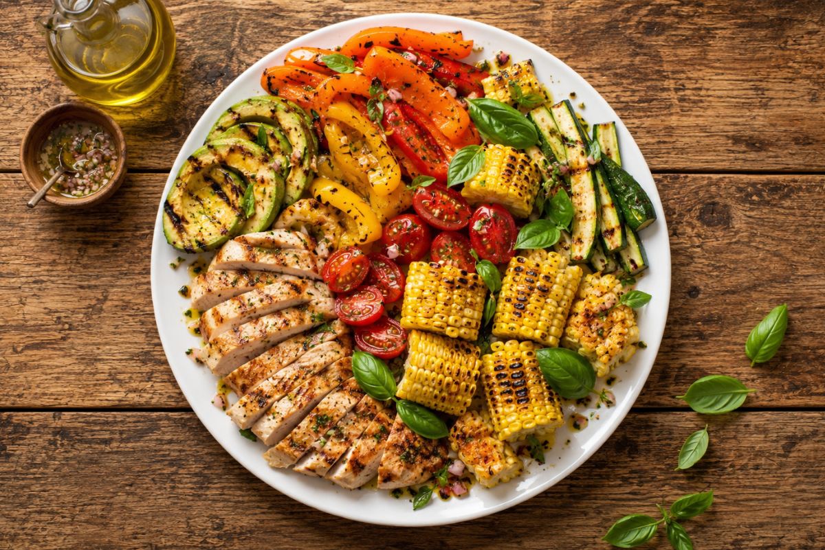Grilled corn, chicken and summer vegetable salad with sliced chicken breast, corn on the cob, zucchini, bell peppers, tomatoes, avocado, basil, and vinaigrette on a white platter.