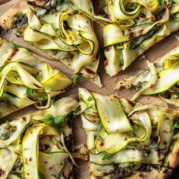 Close-up of grilled pesto zucchini pizza slices with melted cheese, curled zucchini ribbons, basil, red pepper flakes, and charred crust on a wooden board.