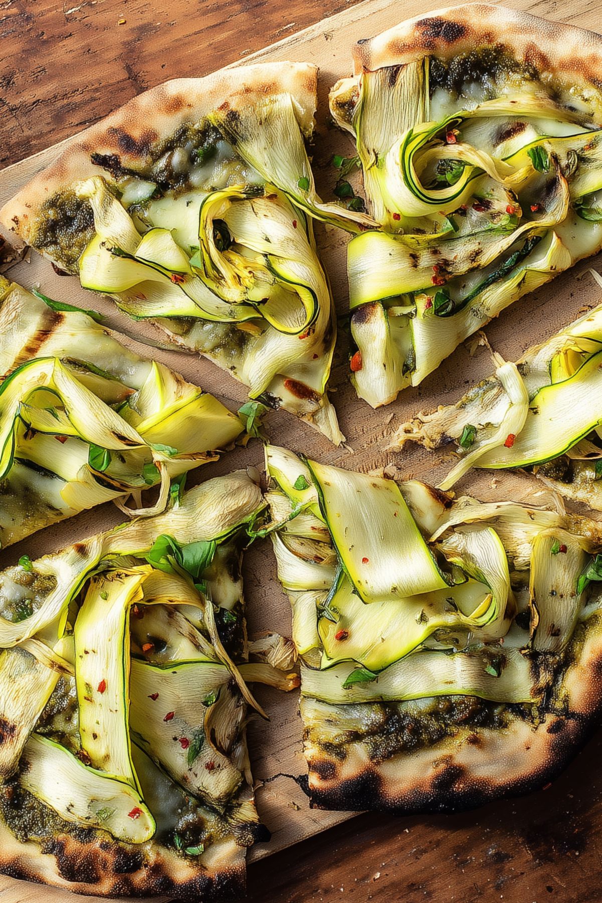 Close-up of grilled pesto zucchini pizza slices with melted cheese, curled zucchini ribbons, basil, red pepper flakes, and charred crust on a wooden board.