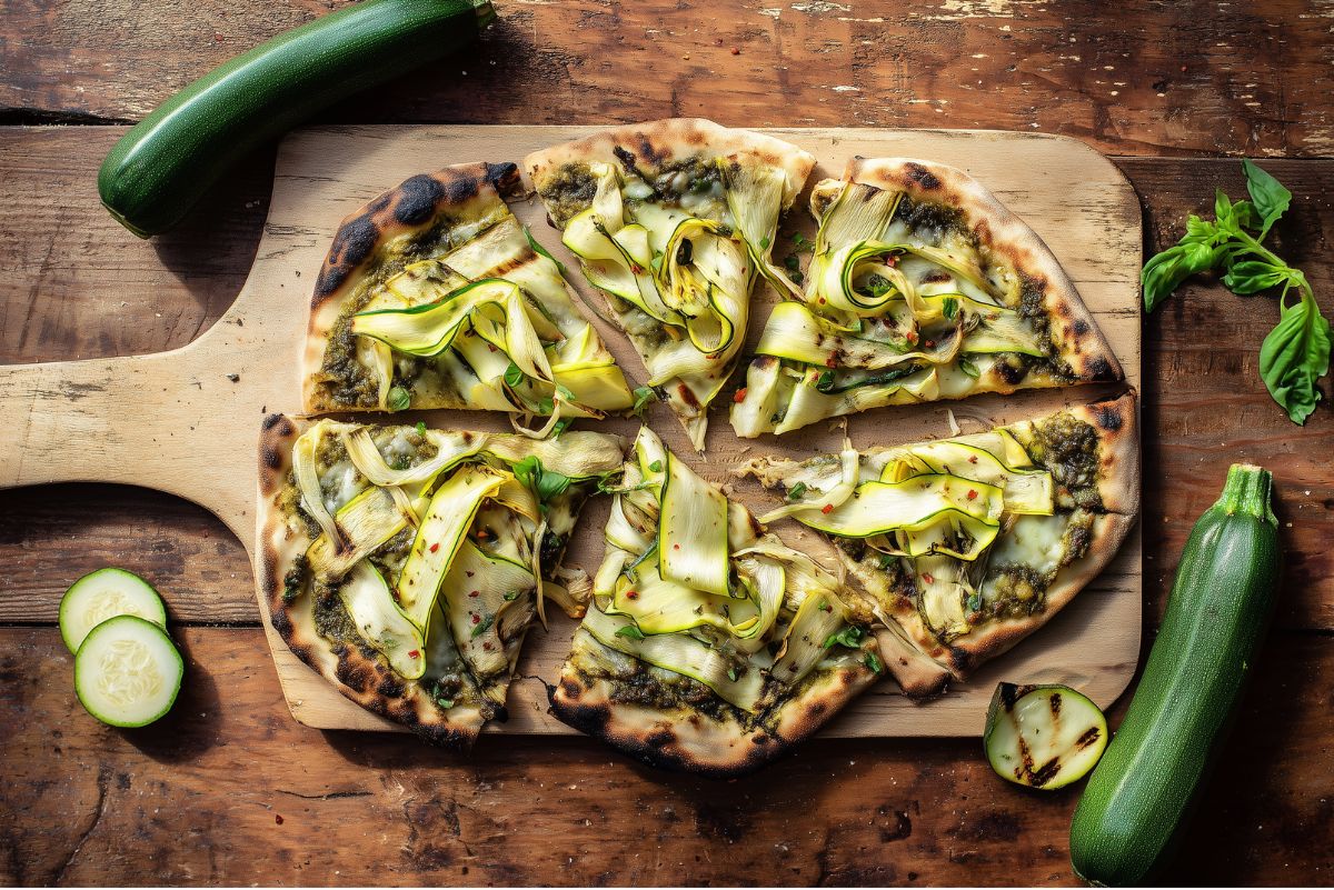 Grilled pesto zucchini pizza cut into slices on a wooden pizza peel, topped with melted cheese, charred zucchini ribbons, basil, and red pepper flakes. Whole and sliced zucchini sit on a rustic wood table.