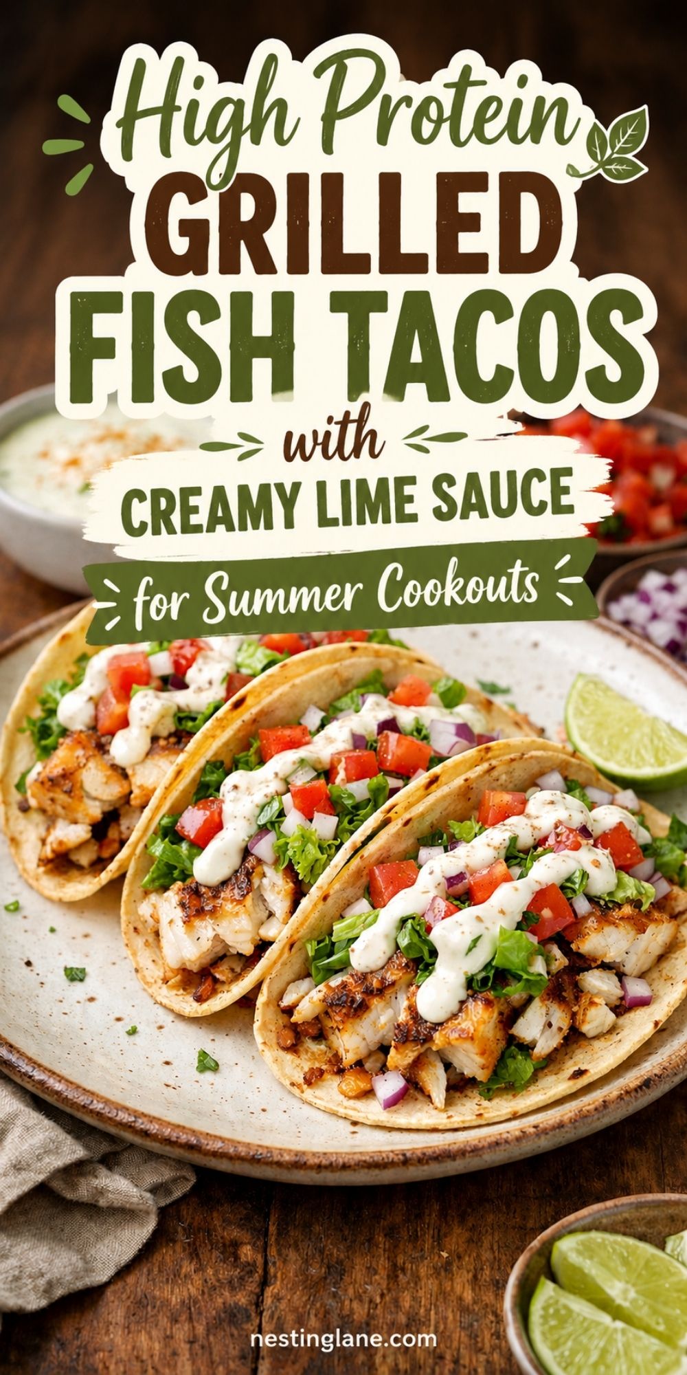 High protein grilled fish tacos with creamy lime sauce, topped with tomatoes, red onion, greens, and white sauce on tortillas. Text reads “High Protein Grilled Fish Tacos with Creamy Lime Sauce for Summer Cookouts” and “nestinglane.com.”