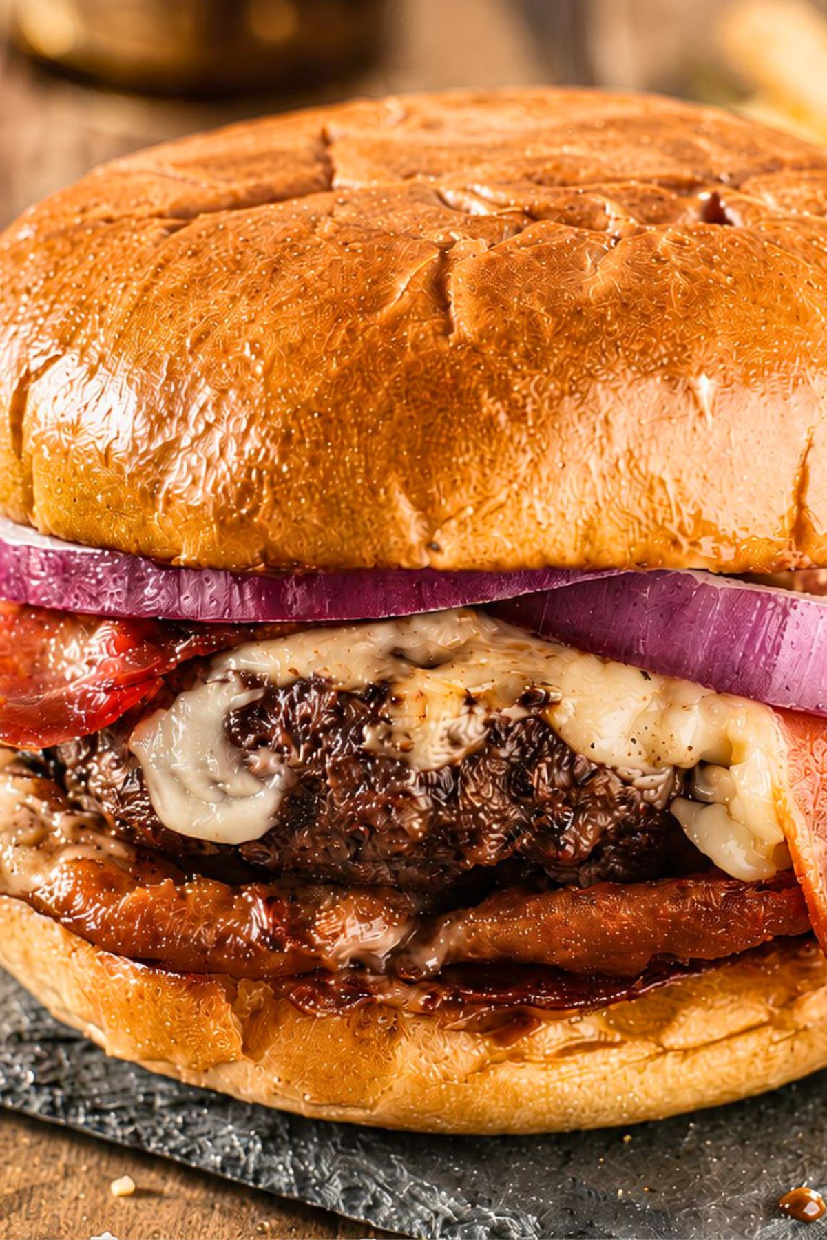 High protein bacon cheeseburger with a glossy toasted bun, melted cheese, crispy bacon, red onion, tomato, and a grilled beef patty on a dark plate.
