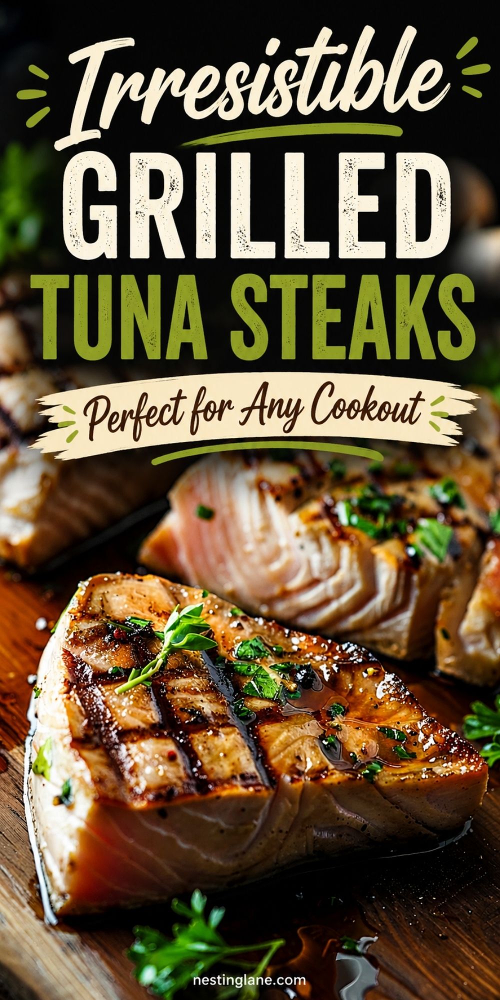 Grilled tuna steaks with dark grill marks, glossy sauce, and fresh herbs on a wooden board. Text reads “Irresistible Grilled Tuna Steaks Perfect for Any Cookout” with “nestinglane.com” at the bottom.