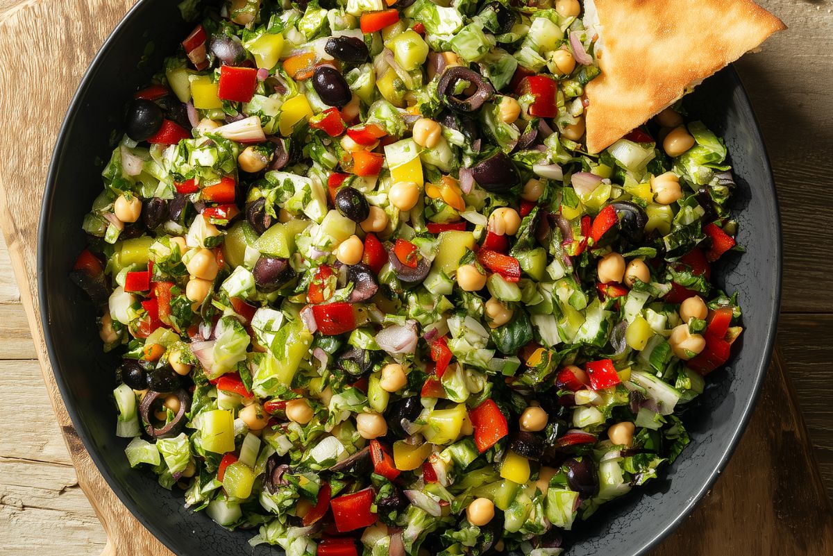 Italian chopped salad with finely chopped lettuce, chickpeas, red bell peppers, black olives, banana peppers, red onion, and garlic pita chips in a black bowl.