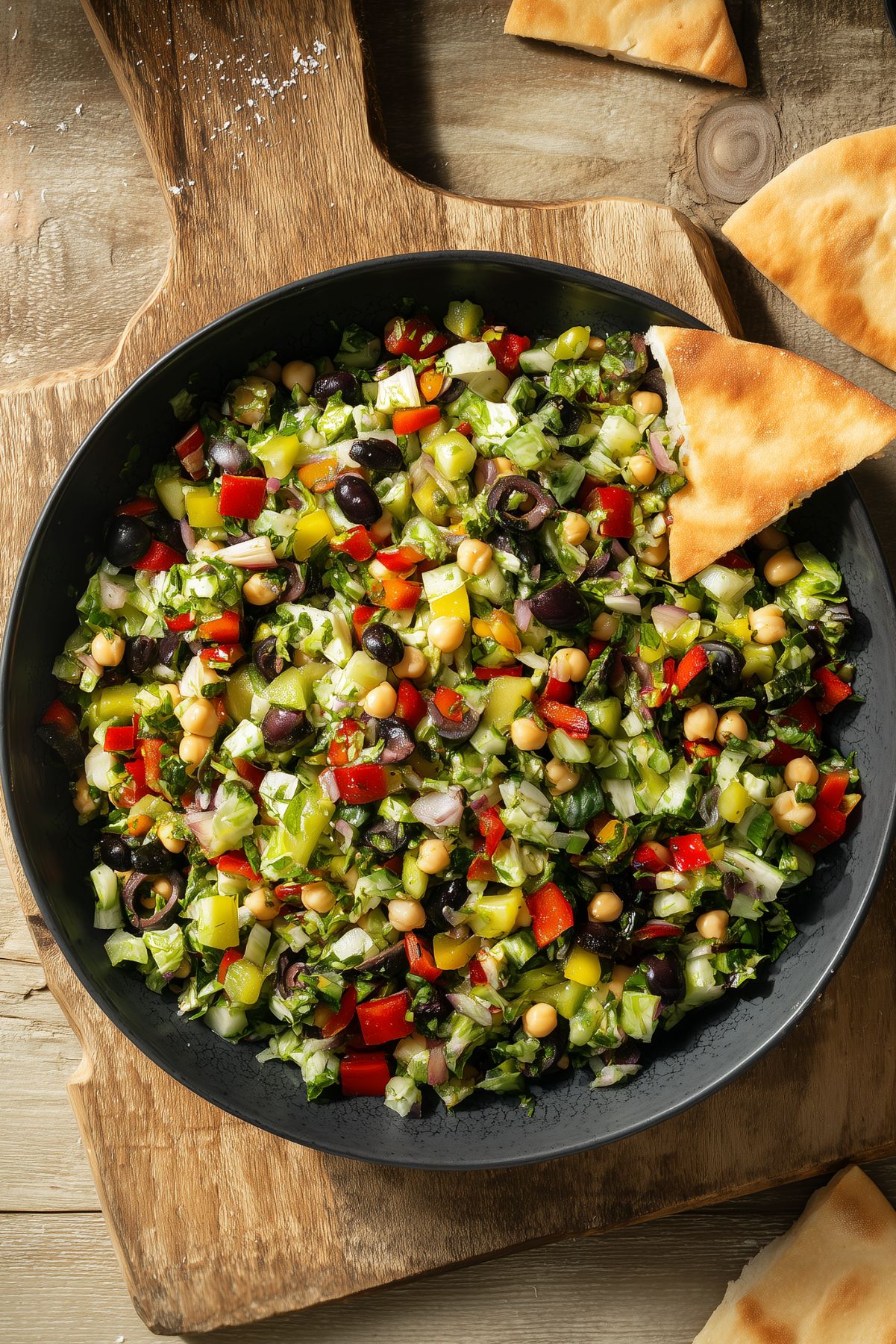 Italian chopped salad with lettuce, chickpeas, bell peppers, black olives, banana peppers, and red onion in a black bowl on a wooden cutting board with garlic pita chips.
