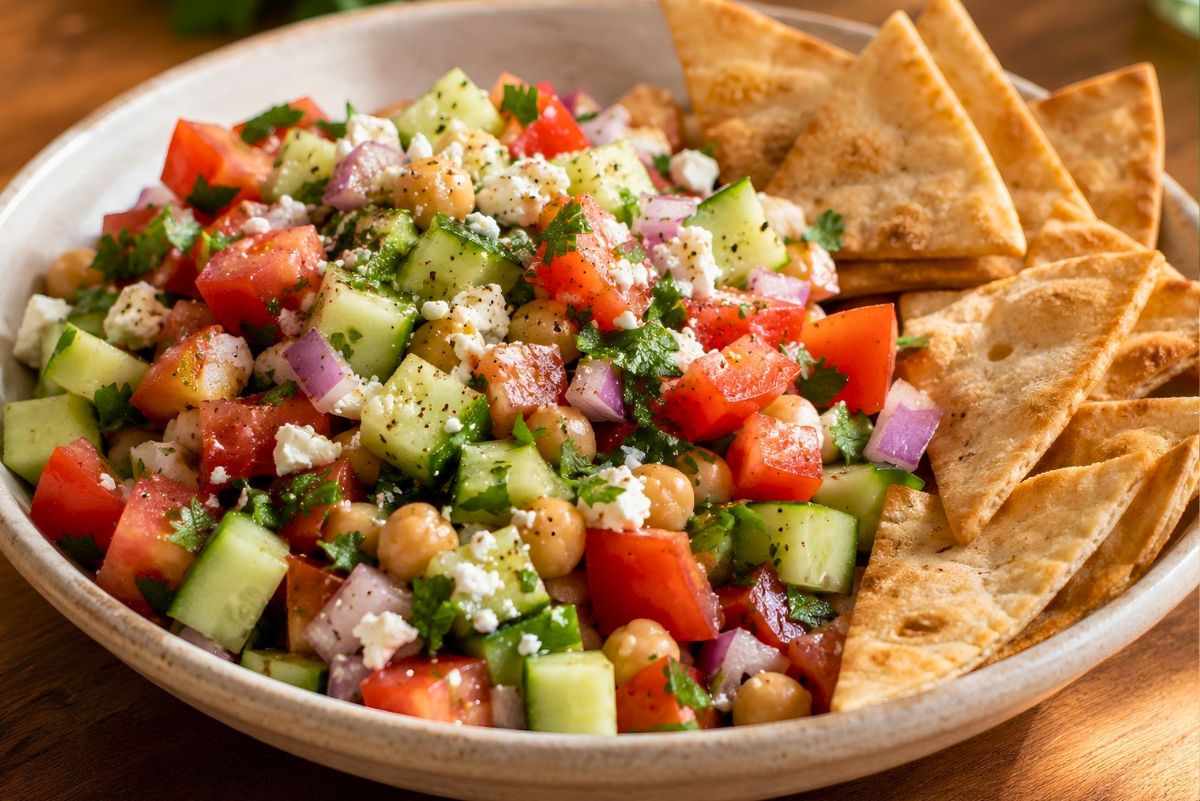 Mediterranean cucumber tomato chopped salad with chickpeas, feta, red onion, parsley, and black pepper served in a shallow bowl with baked pita chips.
