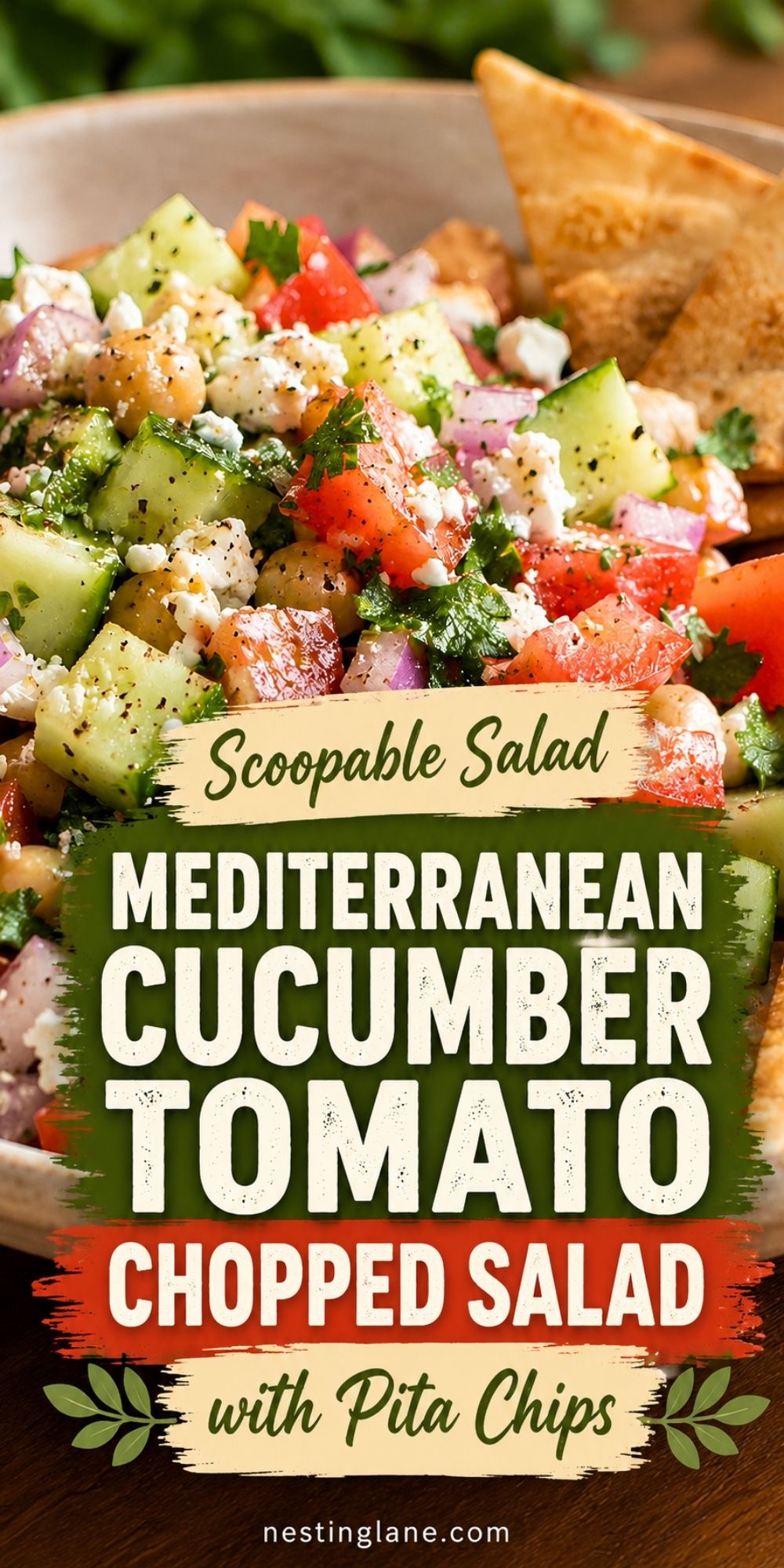 Mediterranean cucumber tomato chopped salad with chickpeas, feta, red onion, herbs, and pita chips in a bowl. Text reads “Scoopable Salad Mediterranean Cucumber Tomato Chopped Salad with Pita Chips nestinglane.com.”