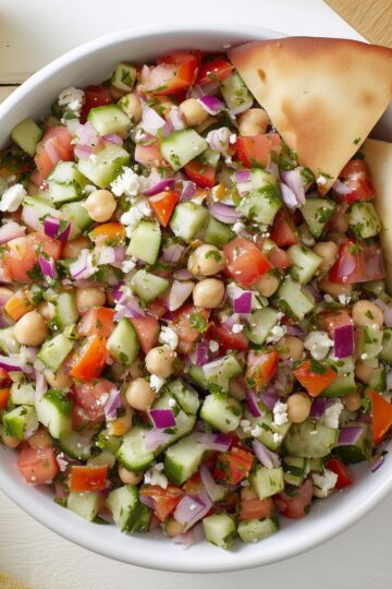 Mediterranean cucumber tomato chopped salad with chickpeas, red onion, feta cheese, fresh herbs, and a toasted pita chip.
